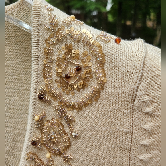 Ann Taylor Button Front Tan Silk Rayon Blend Embellished Cardigan- Women's Med - Picture 5 of 7